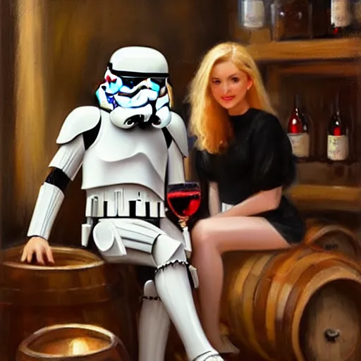 Image similar to stormtrooper and hot blonde drinking wine in a cellar, romantic, cozy, inviting, detailed, beautiful, atmospheric, impressionism, painting by vladimir volegov, inspired by ralph mcquarrie