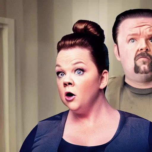 Prompt: cinematic still from a sci - fi absurdist comedy with melissa mccarthy as ricky gervais