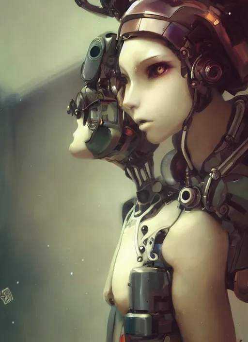 Image similar to matte painting, by yoshitaka amano, by ruan jia, by conrad roset, by good smile company, detailed anime 3d render of a female mechanical android, portrait, cgsociety, artstation, quirky mechanical costume and grand headpiece, surreal mystical atmosphere