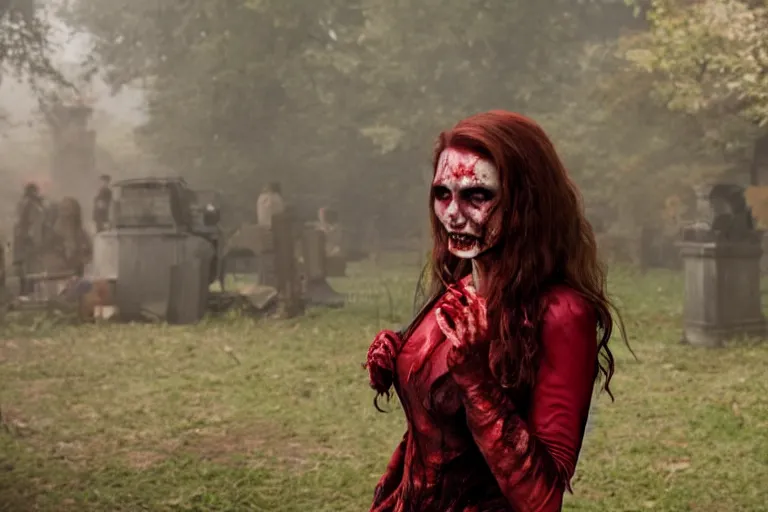 Prompt: film still of zombie zombie Scarlet Witch as a zombie in new avengers movie, 4k