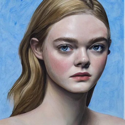 Prompt: professional painting of Elle Fanning in the style of Vanessa Beecroft, head and shoulders portrait, symmetrical facial features, smooth, sharp focus, illustration, intricate, stormy weather, extremely detailed masterpiece,