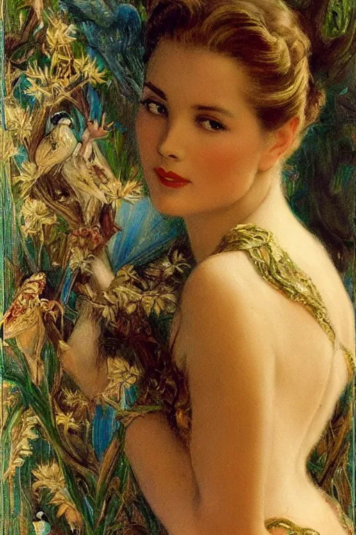 Prompt: A young and extremely beautiful Grace Kelly explaining the birds and the bees in the style of Gaston Bussière, art nouveau, art deco. Extremely lush detail. Night scene. Perfect composition and lighting. Surreal. A shaft of moonlight illuminates her.