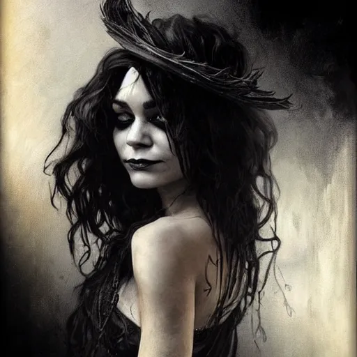 Image similar to beautiful portrait of vanessa hudgens as death from sandman, smiling, by cedric peyravernay, alphonse mucha, by jeremy mann, by lecouffe deharme, goth chic, soft lightning, eyeliner, punk rock, high detailed, 8 k