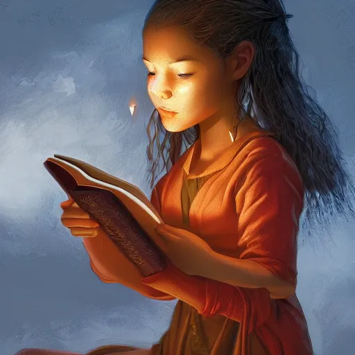 Image similar to village girl reading a book, candle light, highly detailed, digital painting, artstation, concept art, art by artgerm and Johfra Bosschart