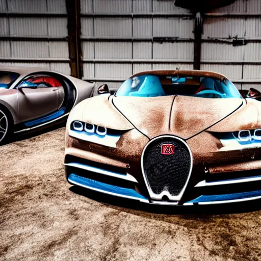 Image similar to an abandoned, derelict, ( really rusty ) bugatti chiron in a dirty warehouse