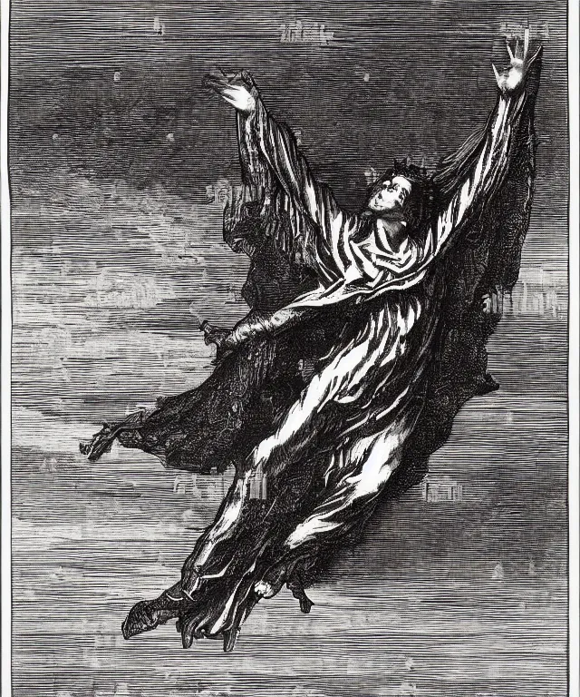 Image similar to lucifer dark shadow angel falling from heaven against a bright sky, lucifer, art by james o barr and albrecht durer and gustave dore, woodblock print, engraved, black and white, vector, vector art