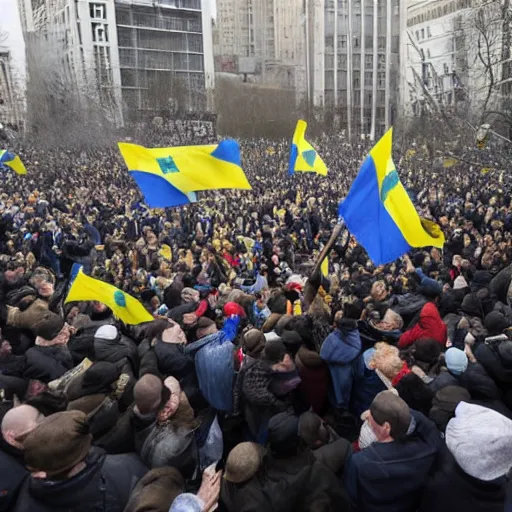 Image similar to a crowd of people with ukrainian flags throw down a bust of volodymyr lenin