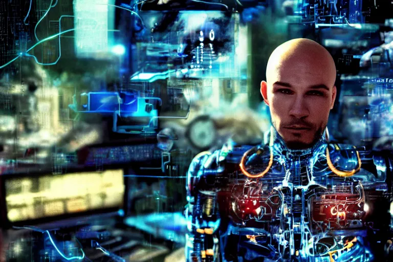 Image similar to cyborg - pitbull, surrounded by screens, in the future, y 2 k cybercore, industrial low - light photography, still from a ridley scott movie