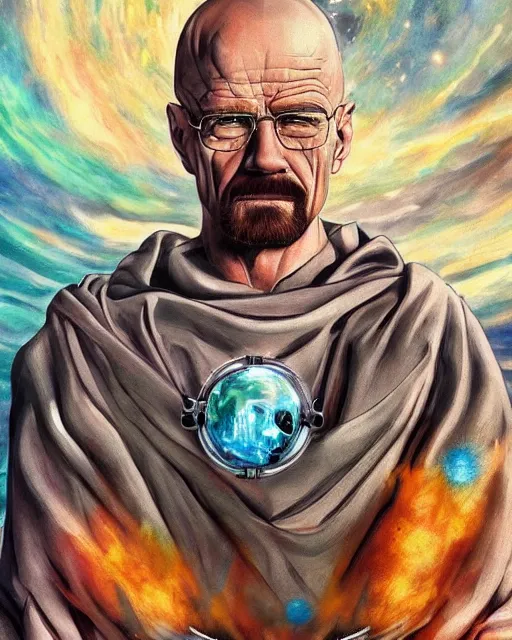 Prompt: a dramatic, epic, ethereal painting of a handsome shirtless walter white as a cyerpunk cosmonaut | background is the birth of the universe | tarot!! card, art deco, art nouvea | by Mark Maggiori | trending on artstation