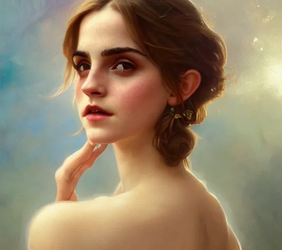 Image similar to photography of sensual emma watson, deep focus, intricate, elegant, highly detailed, digital painting, artstation, concept art, matte, sharp focus, illustration, art by artgerm and greg rutkowski and alphonse mucha and gil elvgren