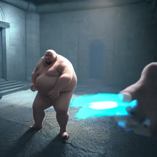 Prompt: Third person perspective of an obese man defending himself with magic against creatures in a dungeon. Octane & Unreal Engine 4 & Photography. Ray-Traced