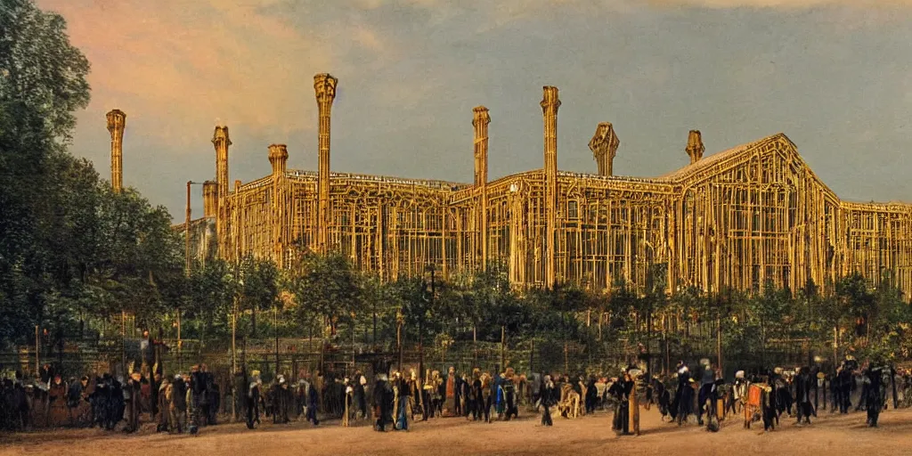 Image similar to a color photograph of the crystal palace, london exhibition of 1 8 5 1, golden hour