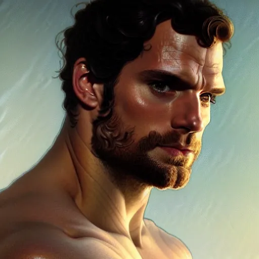 Image similar to Henry Cavill as a Greek god, gorgeous, amazing, muscular, intricate, highly detailed, digital painting, artstation, concept art, sharp focus, illustration, art by greg rutkowski and alphonse mucha