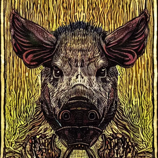 Image similar to art of symmetrical wild boar with mushrooms on face, in the style of moebius and studio ghibli and vincent van gogh