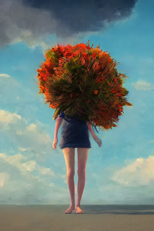 Prompt: closeup, grande flower head, a girl on beach, surreal photography, wind and cold, dramatic sky, impressionist painting, digital painting, artstation, simon stalenhag