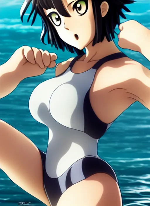 Image similar to film still portrait of fubuki from one punch man, wearing two - piece swimsuit, closeup at the faces, ilya kuvshinov, finely detailed feature, anime, deroo, pixiv top monthly, trending on artstation, cinematic, danbooru, zerochan art, kyoto animation