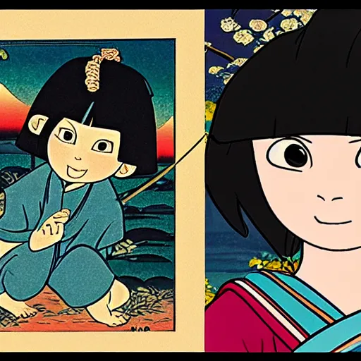 Prompt: real girl dora the explorer and boot the monkey ukiyo-e highly detailed