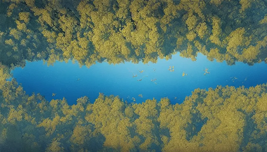 Prompt: aerial portrait of a vast lake surrounded by woodland, highly detailed, sunny, blue sky, cinematic lighting, high angle, volumetric, photorealistic, digital art painting by greg rutkowski