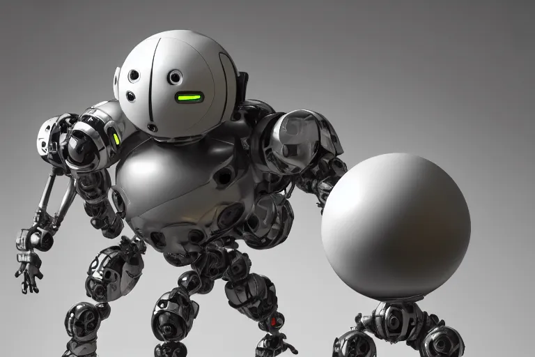 Prompt: Spherical Robot that is 1 meter standing on two legs, high octane render, art station