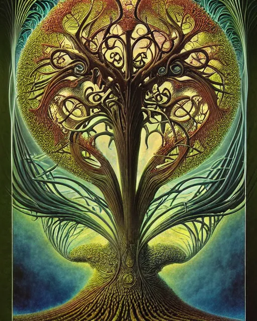 Image similar to tree of life by roger dean and andrew ferez, art forms of nature by ernst haeckel, divine chaos engine, symbolist, visionary, art nouveau, botanical fractal structures, organic, detailed, realistic, surreality