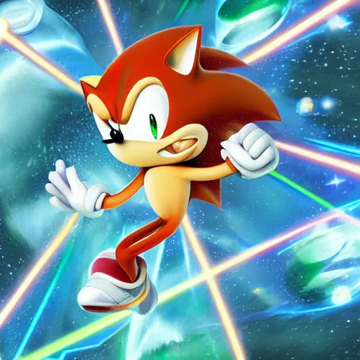 Prompt: sonic the hedgehog from sonic the hedgehog (1991) traveling through the cosmos,pixel art, digital art, 8k, award winning