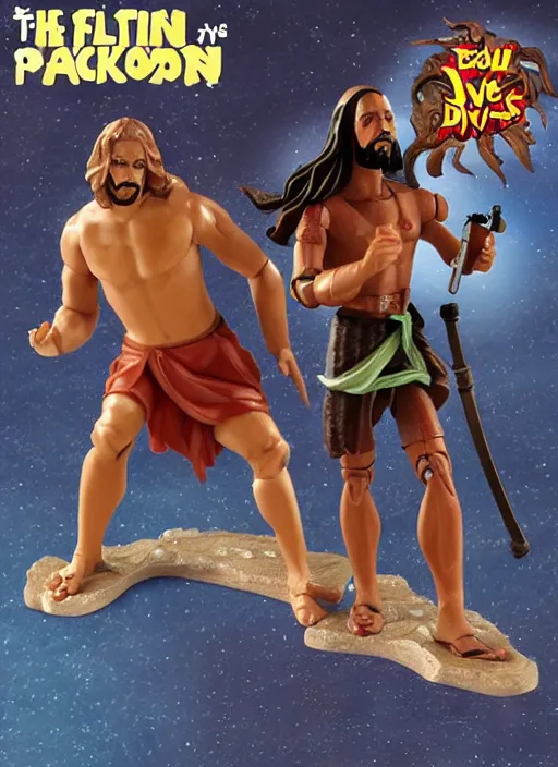 Image similar to Jesus vs the Devil in the flying sandals of salvation action figures toy pack