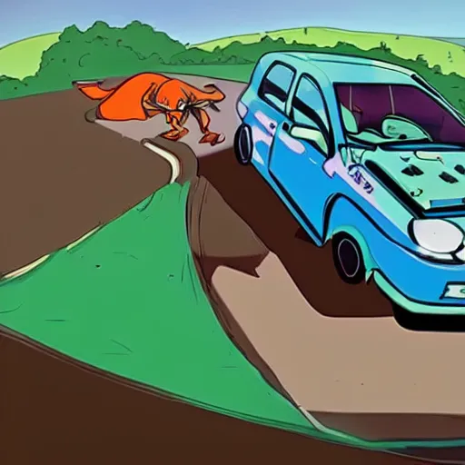 Prompt: scooby doo professionally drifting a nissan pulsar through windy roads in the hills, drawn anime style