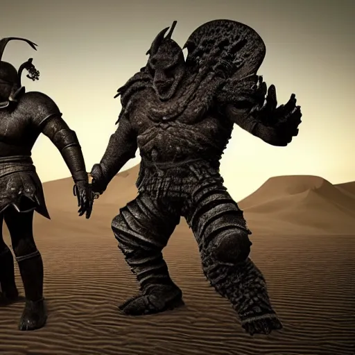 Image similar to great warrior with edgy armor facing a giant monster in black desert sands. Hyper realistic. High intricate details. Photo realistic. Hyper details.