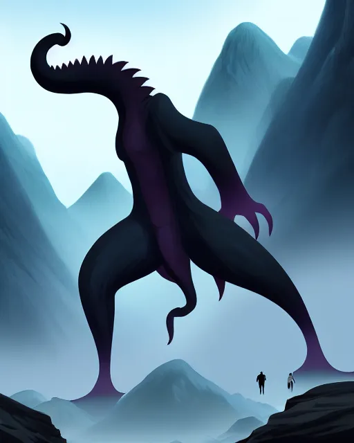 Image similar to concept art for a tall smooth, sleek kaiju creature, walking through a mountain range, fog, mountains in the distance | | epic - fine - clean, polished, trending on artstation, anime style, brush strokes