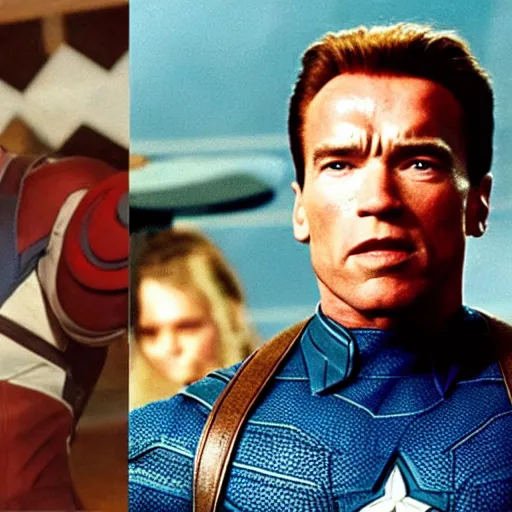 Image similar to Arnold Schwarzenegger playing Captain America on The Avengers