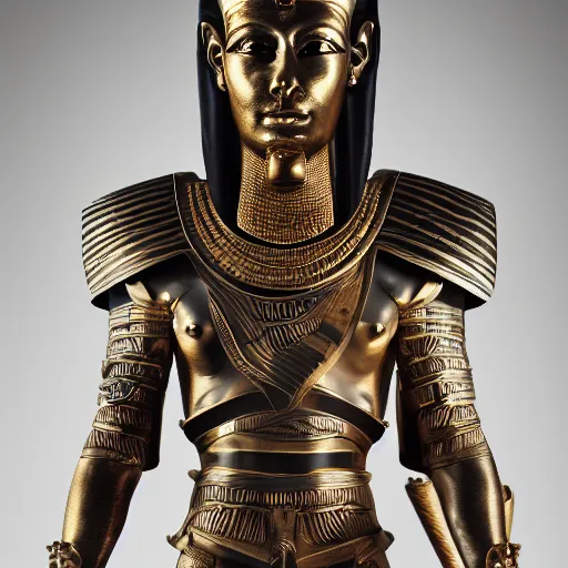 Image similar to an intricate photography portrait of a enigmatic pharaoh warrior soldier made of obsidian carving metal in a golden desert, extremely detailed, ornate, biomechanical, by wlop by jungyeonmin, james jean jhonseru jsezz, greg rutkowski, lens orbs, global illumination, japandi, hyperreal, micro details