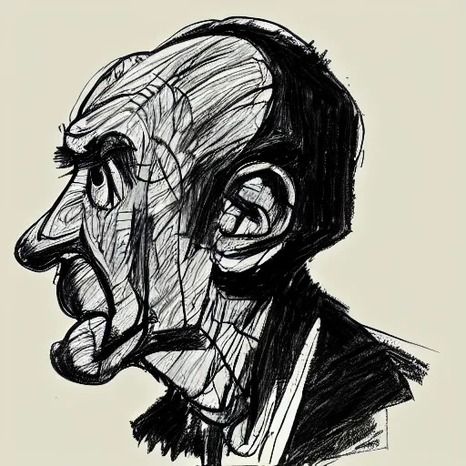 Image similar to a realistic yet scraggly portrait sketch of the side profile of a stern and sophisticated eustace bagge, trending on artstation, intricate details, in the style of frank auerbach, in the style of sergio aragones, in the style of martin ansin, in the style of david aja, in the style of mattias adolfsson