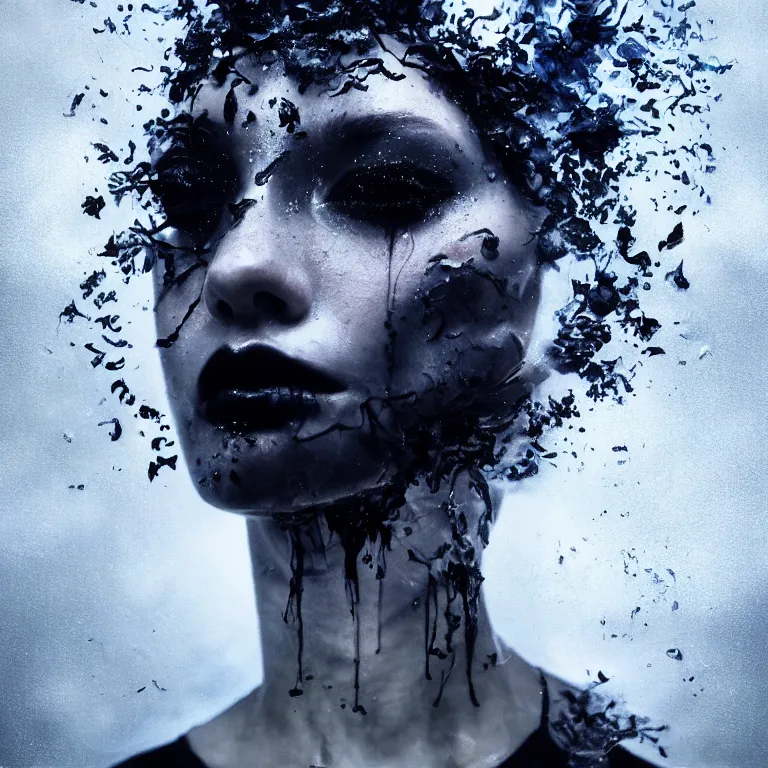 Image similar to 3 d, white and black smoke, sun rays, confident fashion model, sweat skin, liquid black metal, black roses, poster art, high detail, intricate oil painting, multiple exposure, deep blue mood, hyperrealism, 3 d, by tooth wu and wlop and beeple and greg rutkowski