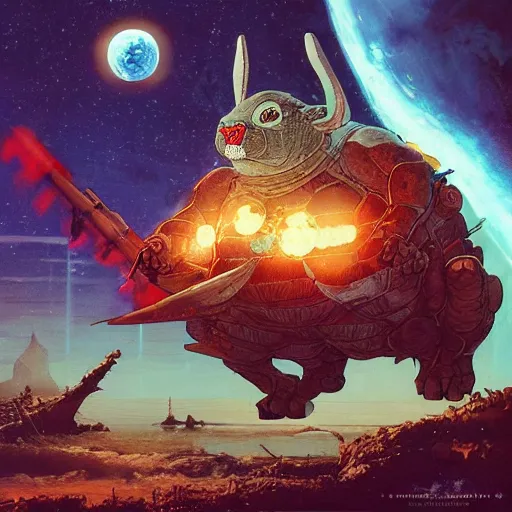 Prompt: the world destroyer big chungus, evil, glowing red eyes, hyper realistic, fantasy art, in the style of chris foss and alan lee, intricate, hyper detailed, smooth, intricate complexity, in the style of artgerm and ilya kuvshinov, magic the gathering