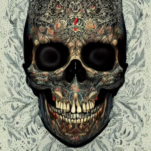 Image similar to A very detailed horrifying portrait painting of the prince of death, floral patterned skin, occult, 8k, trending on artstation cgsociety, masterpiece, in the style of DiscoDiffusion.