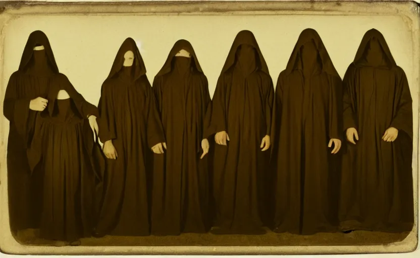 Image similar to a old daguerreotype photo of a group of cultists, wearing robes, wearing hoods, on a pilgrimage to hell, grainy, old photo, golden ratio, scary, horror photography, 5 0 mm lens, f 1. 8