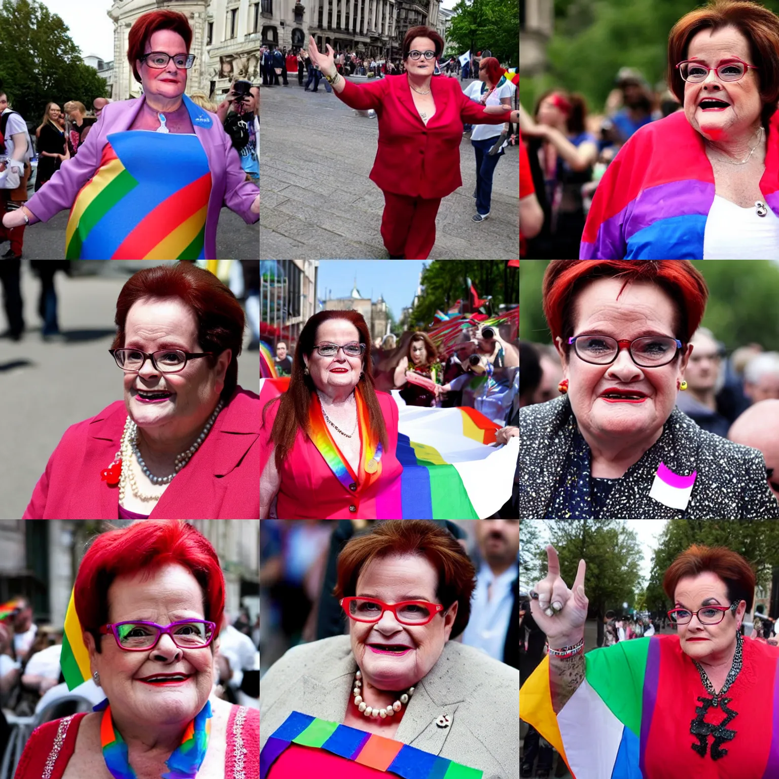 Prompt: Christine Boutin dressed for the lgbt pride