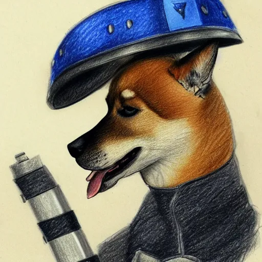 Image similar to A drawing of a Shiba Inu dog wearing a soldier's helmet, realistic, color