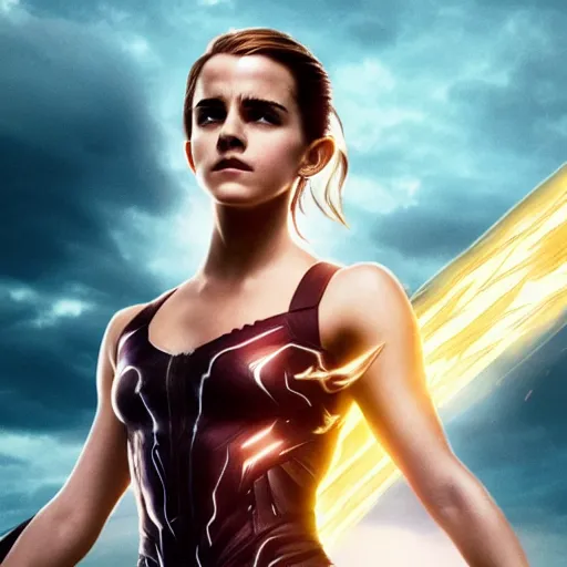 Image similar to photo of emma watson as zeus controlling thunderbolts