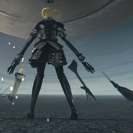 Prompt: a screenshot from nier : automata, with 9 s android fighting a t 3 4 tank in yellow rye field under pure blue skies