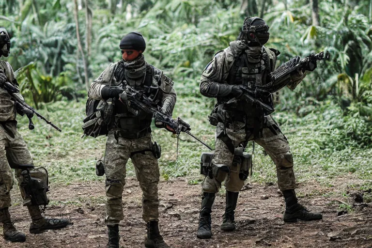 Image similar to Mercenary Special Forces soldiers in grey uniforms with black armored vest in a battlefield in the jungles 2022, Canon EOS R3, f/1.4, ISO 200, 1/160s, 8K, RAW, unedited, symmetrical balance, in-frame, combat photography