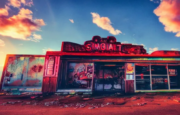 Image similar to A sunset light landscape with historical route66, lots of sparkling details and sun ray’s, blinding backlight, smoke, volumetric lighting, colorful, octane, 35 mm, abandoned gas station, old rusty pickup-truck, beautiful epic colored reflections, very colorful heavenly, softlight