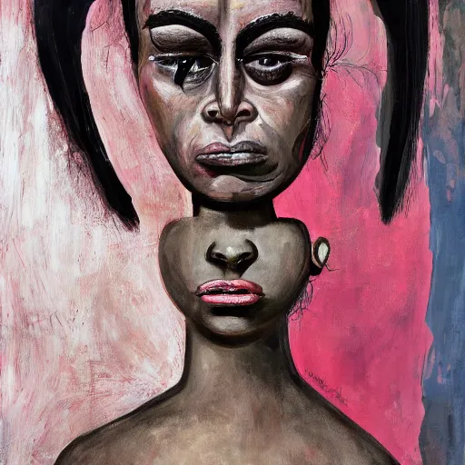 Prompt: grotesque portrait of kim kardashian painted by george condo, intricate, abstract, dark, highly detailed, oil on canvas, terrifying, brilliantly colored, 8 k