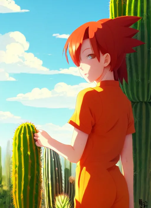 Prompt: portrait of cute redhead girl in orange jumpsuit with fox ears, holding a cactus, cloudy sky background lush landscape illustration concept art anime key visual trending pixiv fanbox by wlop and greg rutkowski and makoto shinkai and studio ghibli