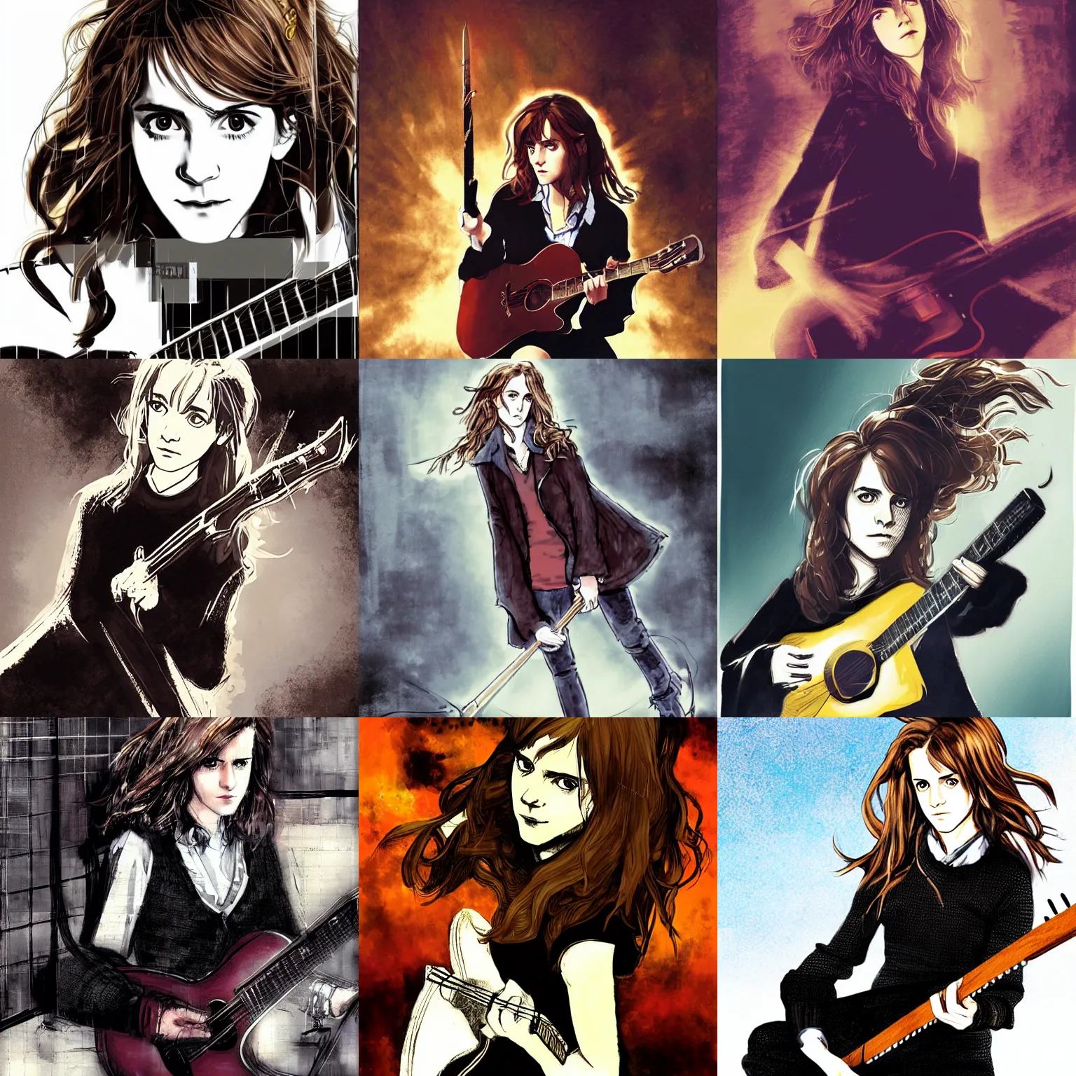 Prompt: Hermione Granger/Emma Watson wearing a black sweater, playing a guitar, in the Gryffindor common room, digital art by Yoji Shinkawa