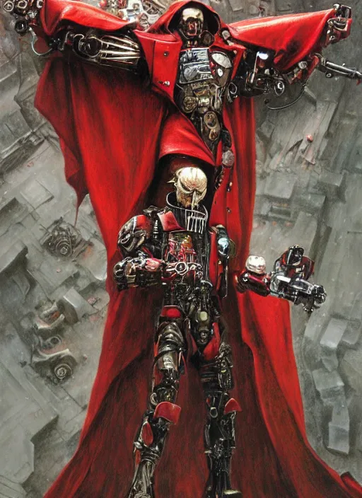 Prompt: portrait of rotten Tom Cruise as adeptus mechanicus in red hood and robe from Warhammer 40000. Highly detailed, artstation, illustration by and John Blanche and zdislav beksinski and wayne barlowe and Gustav Klimt