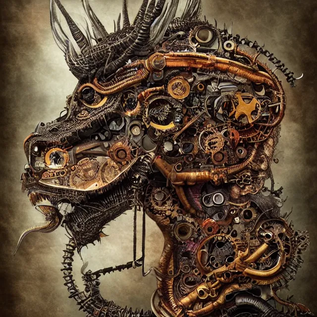 Image similar to profile portrait of a dragon, computer parts, mechanical parts, by giuseppe arcimboldo, steampunk, cyberpunk, futuristic, psychedelic, surreal, sci - fi, vaporwave, alien, dreamlike.