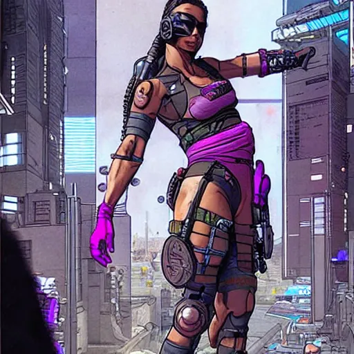Image similar to Apex legends cyberpunk fitness babe. Concept art by James Gurney and Mœbius.