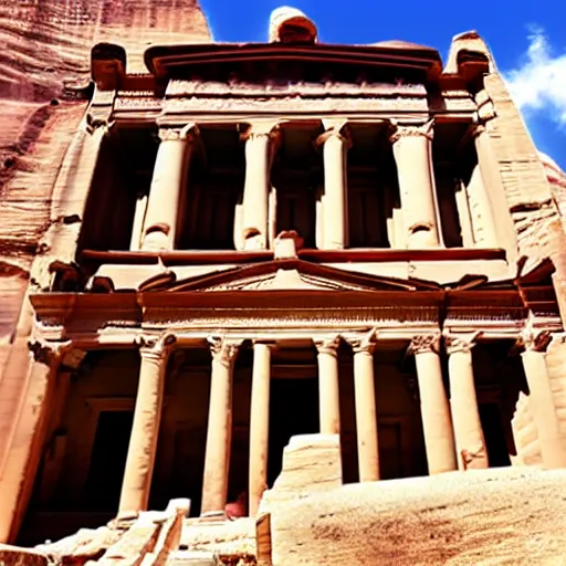 Image similar to the temple of petra with columns carved as anime characters