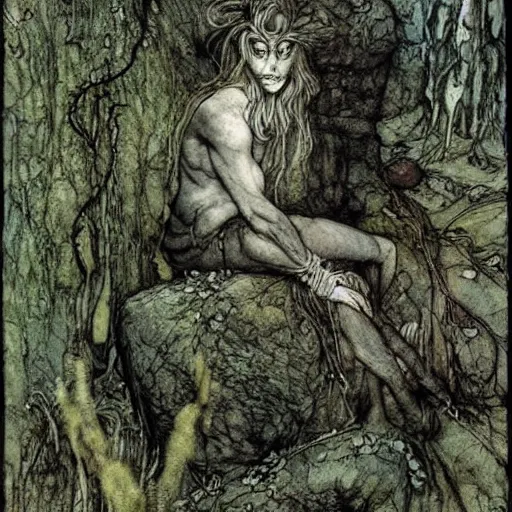 Prompt: a troll on a rock in a forest, dramatic lighting, fluid, smooth, bright, colours, high contrast, sharpness, very detailed, intricate, by briand froud and arthur rackham and john bauer